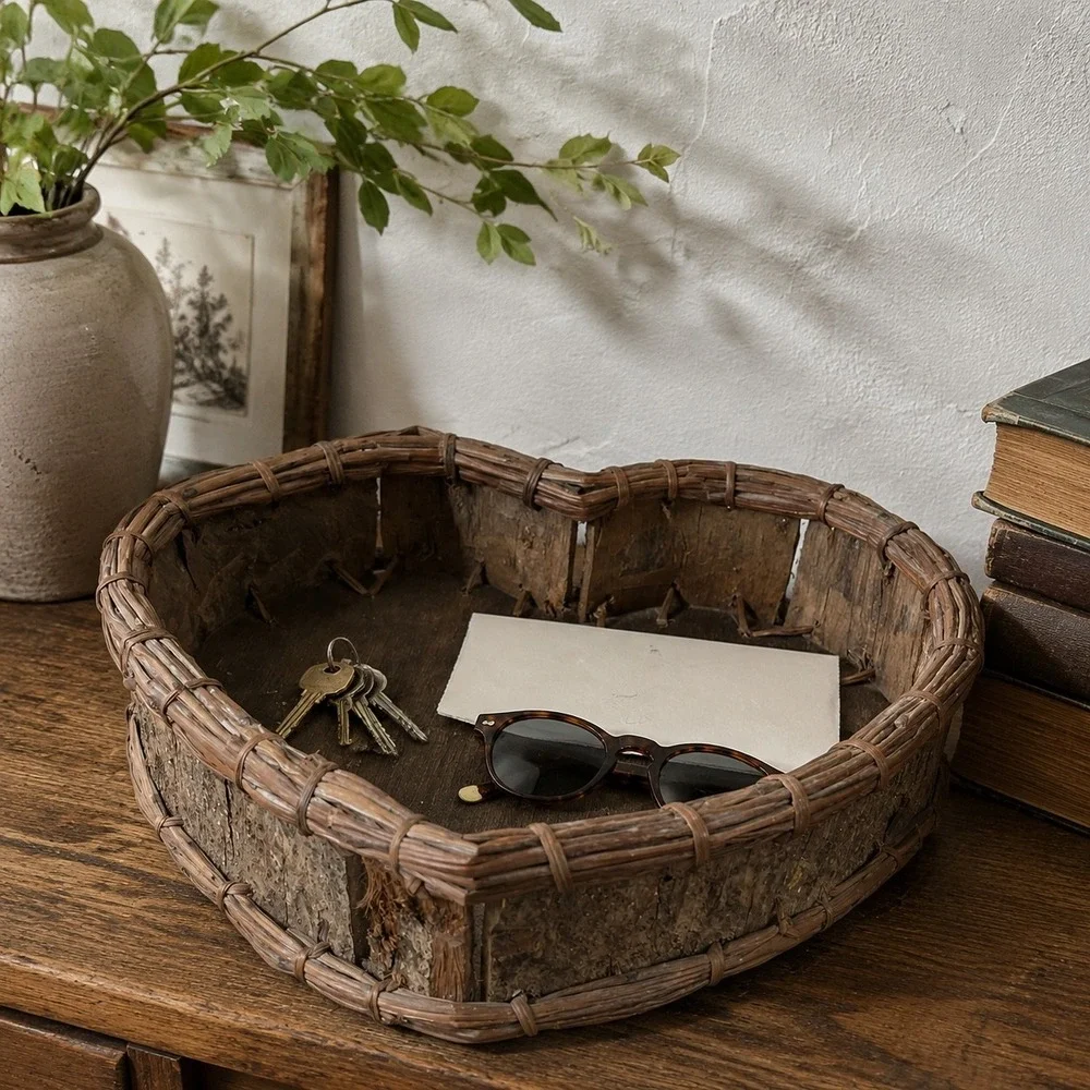 Vintage Heart Shaped Bark Basket Rustic Entryway Catchall Tray